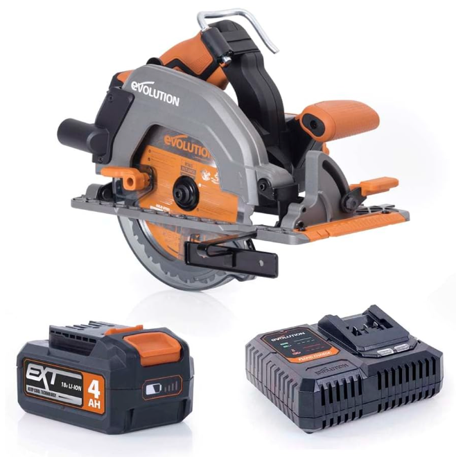 Evolution Power Tools R185CCS-Li Circular Saw Cordless Brushless 18v Li-Ion EXT Includes TCT Multi-Material Blade, Cuts Wood, Metal, Plastic & More, Guide Included, Battery & Charger Included, 185mm